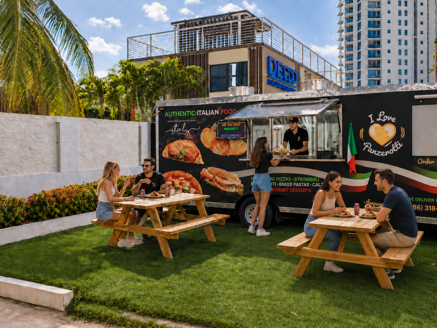 Il food truck I Love Panzerotti a Fort Lauderdale di sera con tavoli da picnic