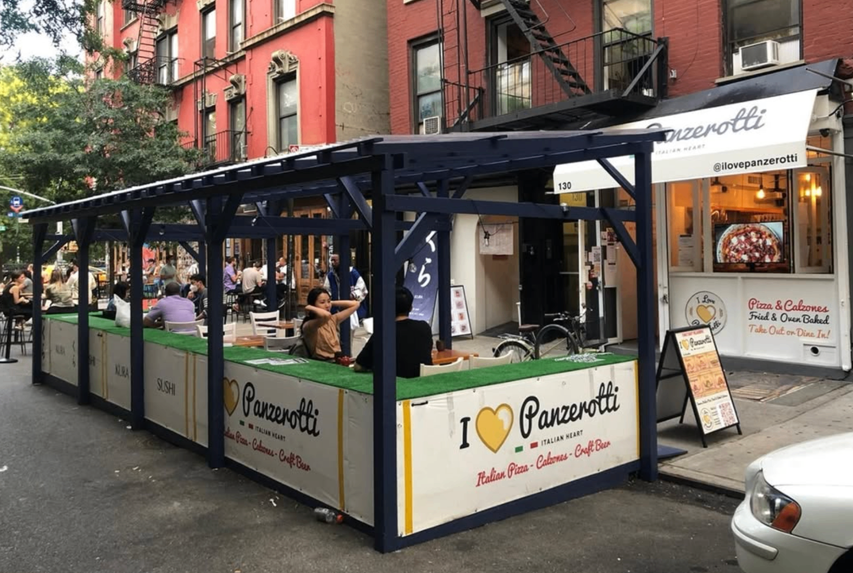Outdoor dining area of the East Village store